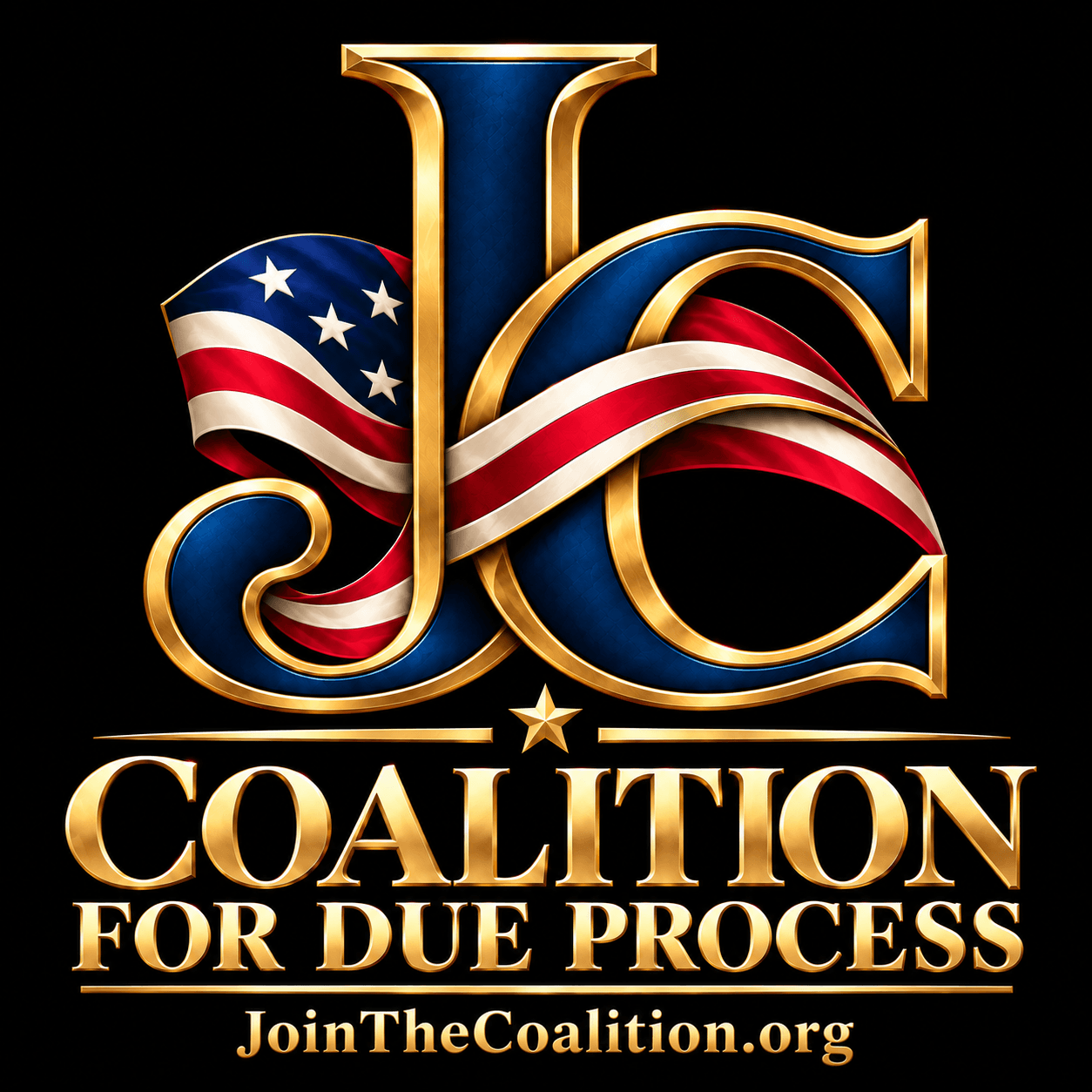Coalition for Due Process — JoinTheCoalition.org, with a gold and navy JC monogram and American flag ribbon