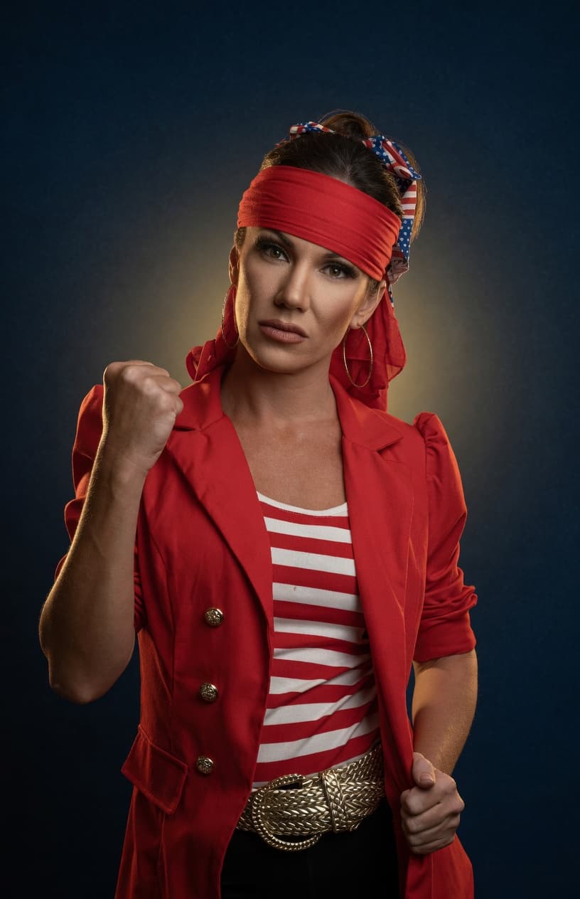 Meg, fist raised, in red. Join the coalition.