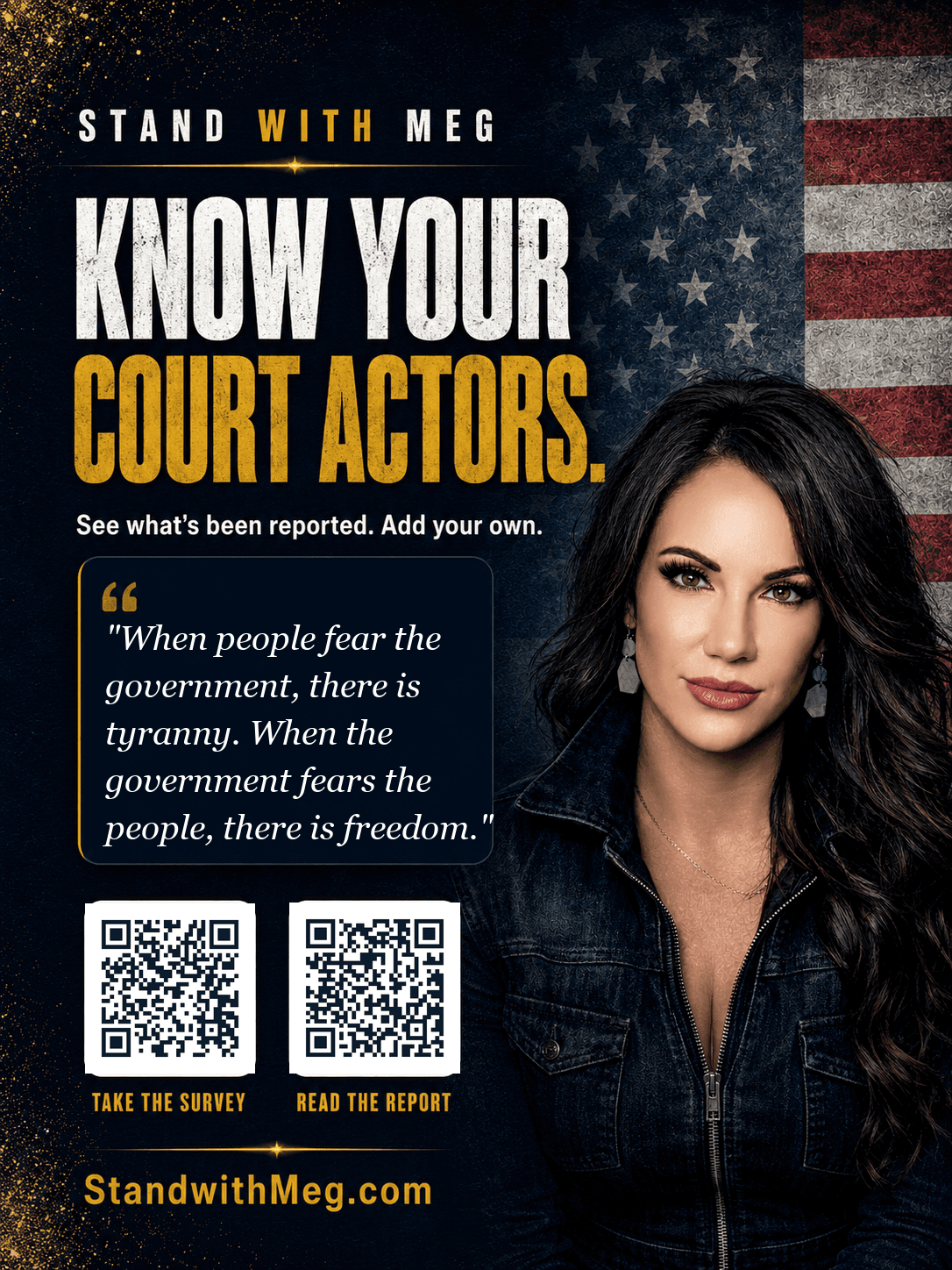 Know Your Court Actors — printable Stand With Meg poster with survey and report QR codes