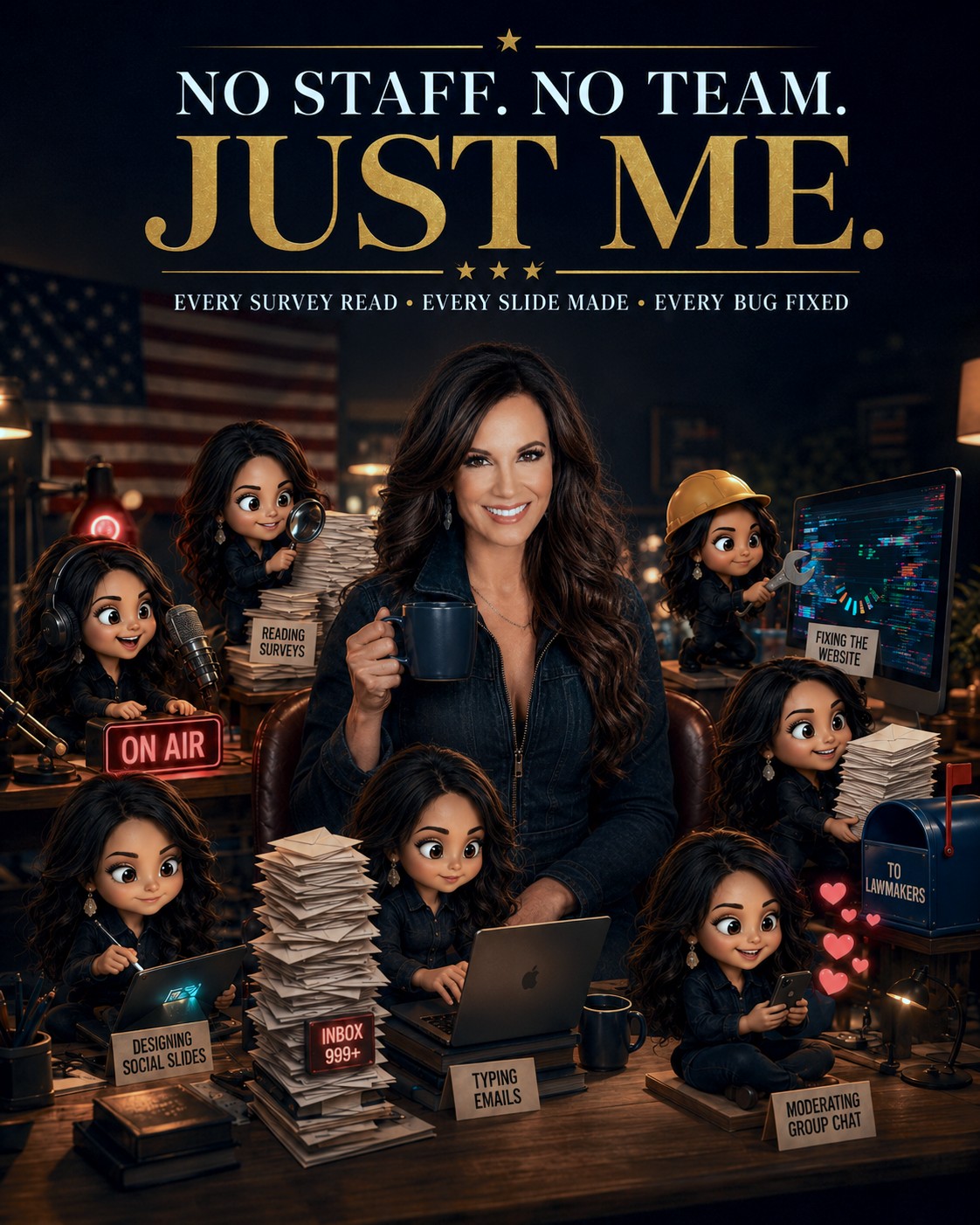 Meg surrounded by mini versions of herself doing every job — recording, reviewing surveys, designing, emailing, mailing lawmakers, moderating chats